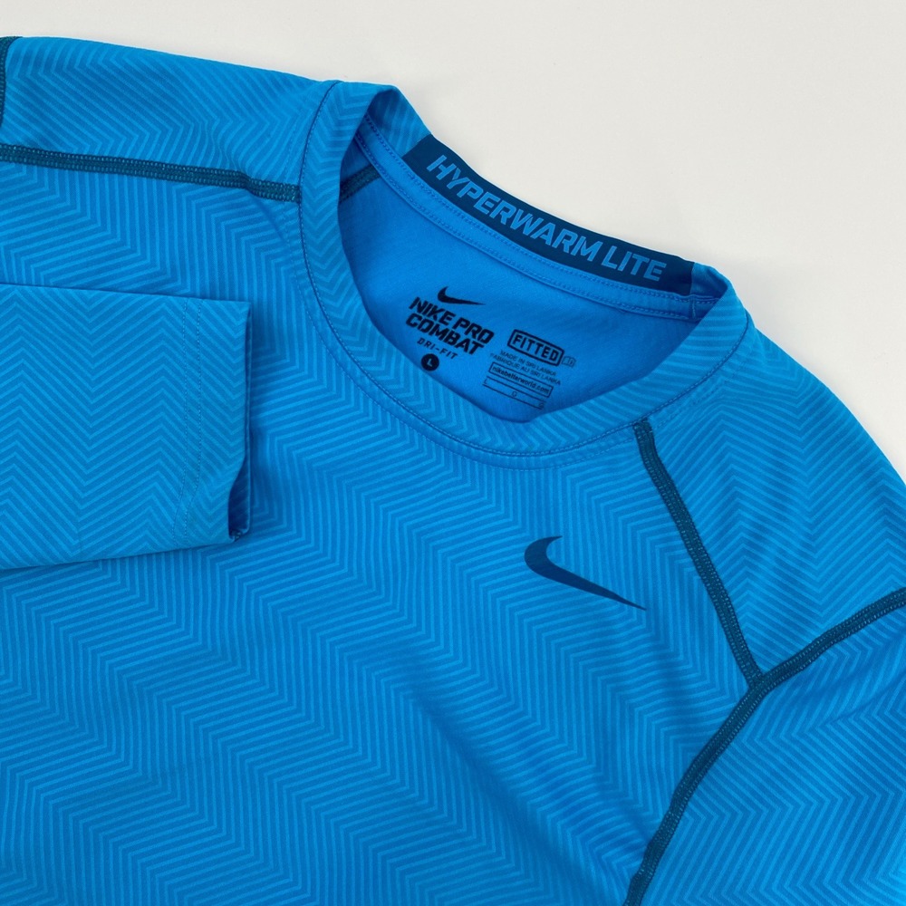 Nike‎ Pro Combat Shirt Hyperwarm Lite Mens Large Blue Fitted Athletic Gym Active